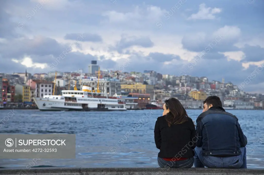 Looking out across the Golden Horn from Eminonu, Istanbul, Turkey