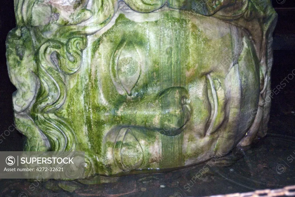 Turkey, Istanbul. Medusa Head at Yerebatan Sarayi Cistern.