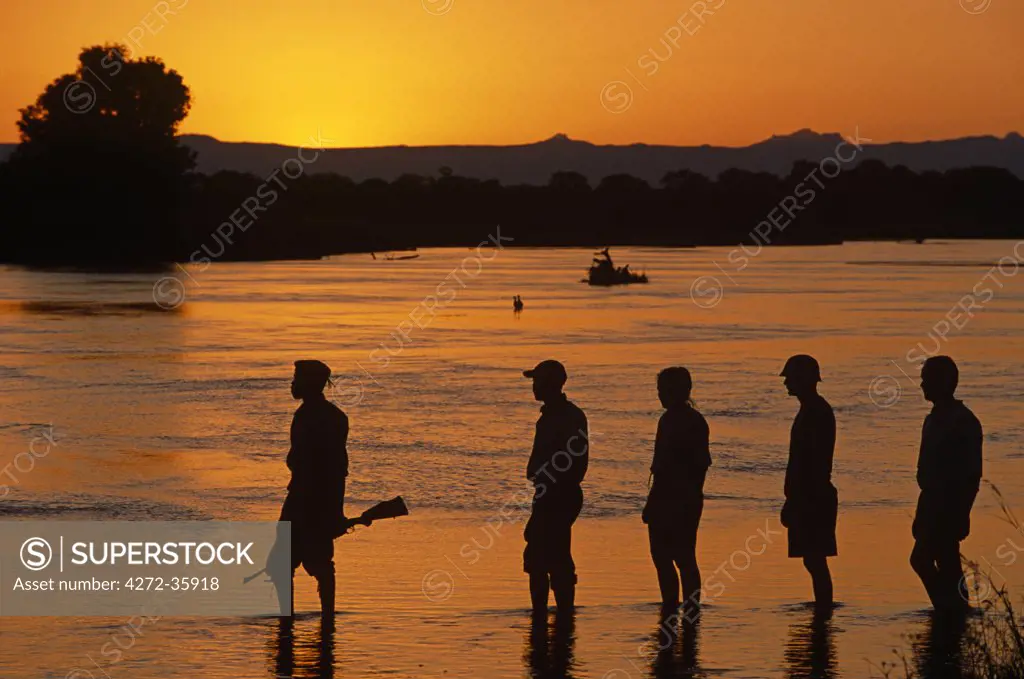 Walking safari from Bilimungwe Bushcamp cross the Kapamba River at sunset , Zambia