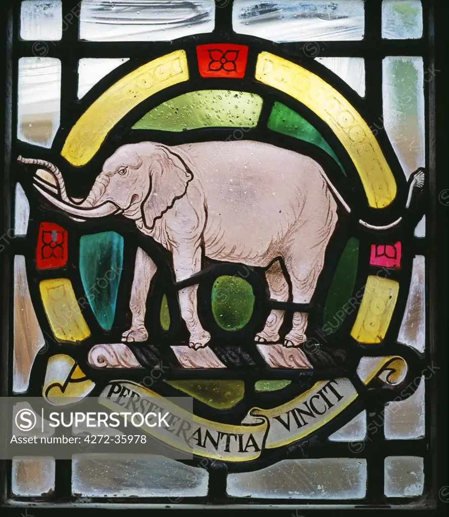 Zambia, Northern Province, Shiwa Ngandu. Detail of stained glass windows in the chapel, showing family crests, Shiwa House