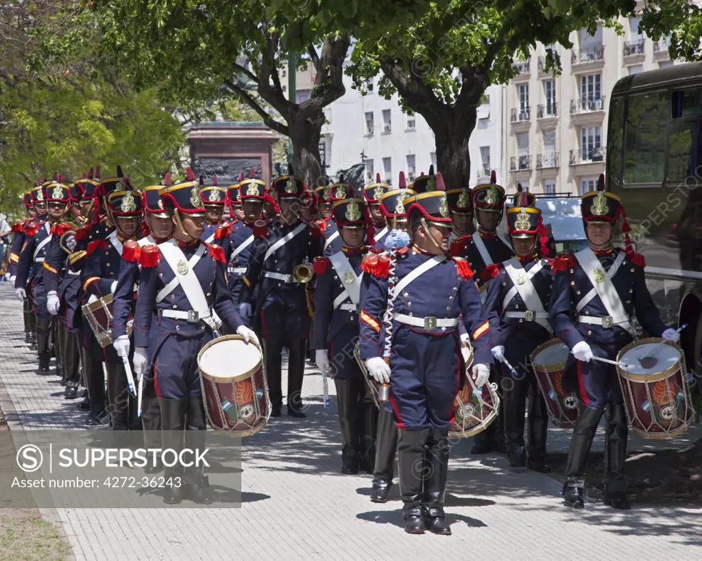 The Argentine military band of the Mounted Grenadiers in Buenos Aires. The regiment is responsible for Presidential security and fulfills ceremonial protocol functions.