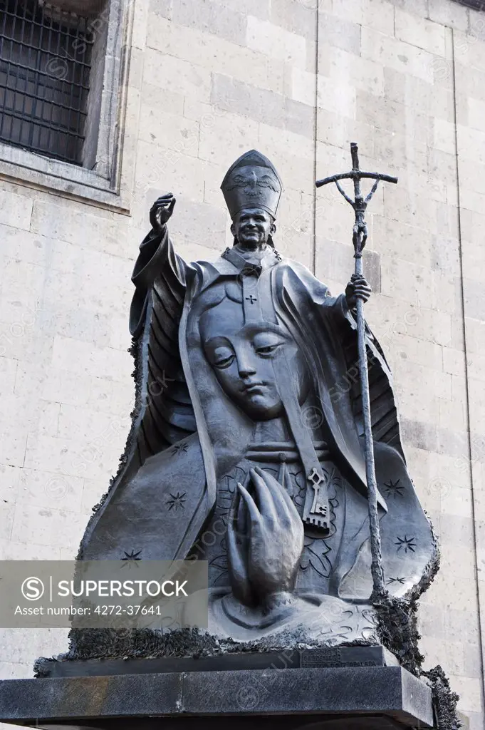 North America, Mexico, Mexico City, District Federal, statue of Pope John Paul II made entirely from old keys outside Cathedral Metropolitana