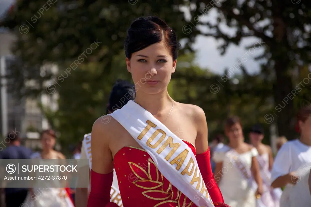 Sakhalin, Yuzhno-Sakhalin, Russia; One of the young women participating in a beauty contest from all the regions of the island