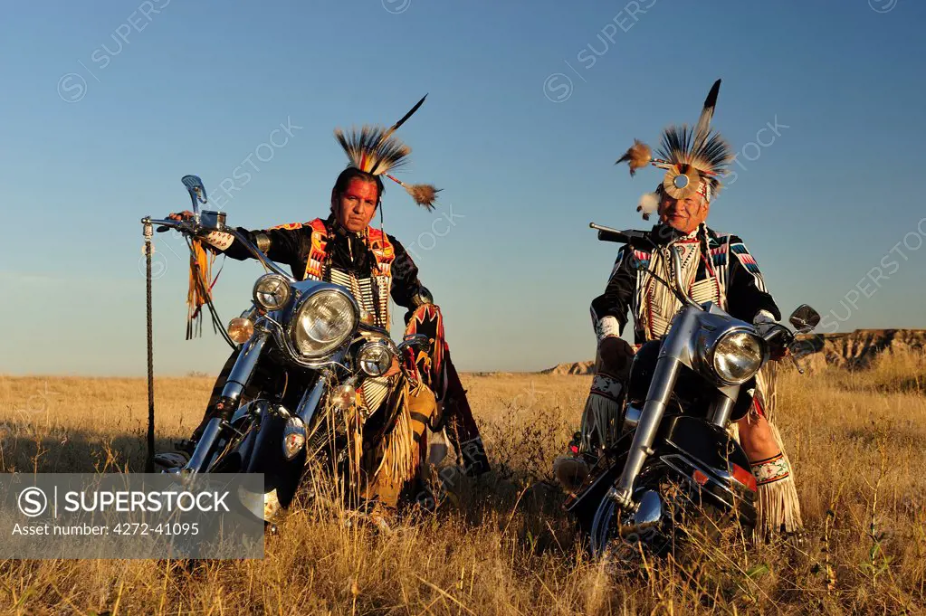 Three Native Indians on Bikes, Lakota, South Dakota, USA MR