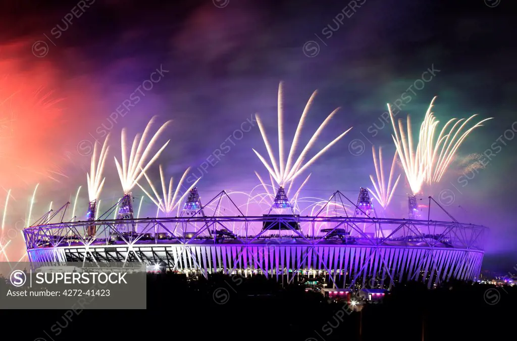 The Olympic Stadium in London during the opening ceremony for the 2012 Olympics.