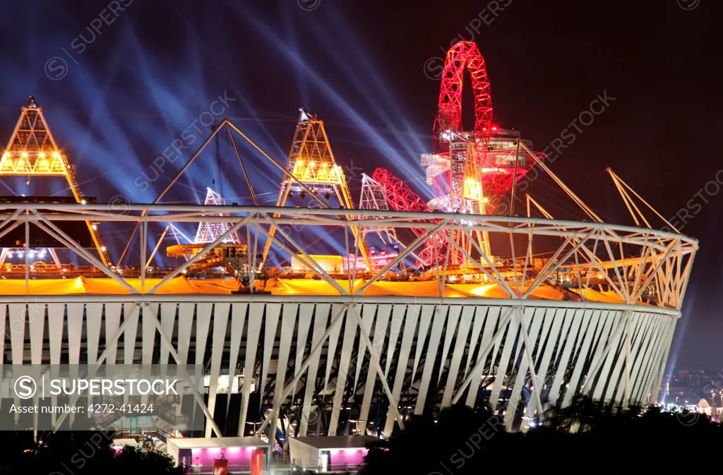 The Olympic Stadium in London during the opening ceremony for the 2012 Olympics.