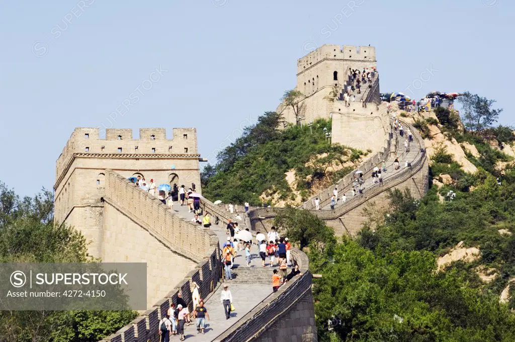 Great Wall of China at Badaling. First built during the Ming dynasty (1368-1644) and restored in the 1980s at the Unesco World Heritage Site near Beijing