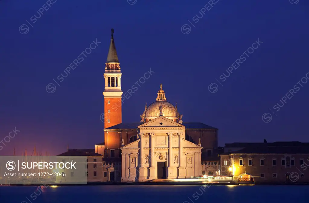 Venice, Veneto, Italy, The Church of San Giorgio Maggiore and campanile in the last evening light.