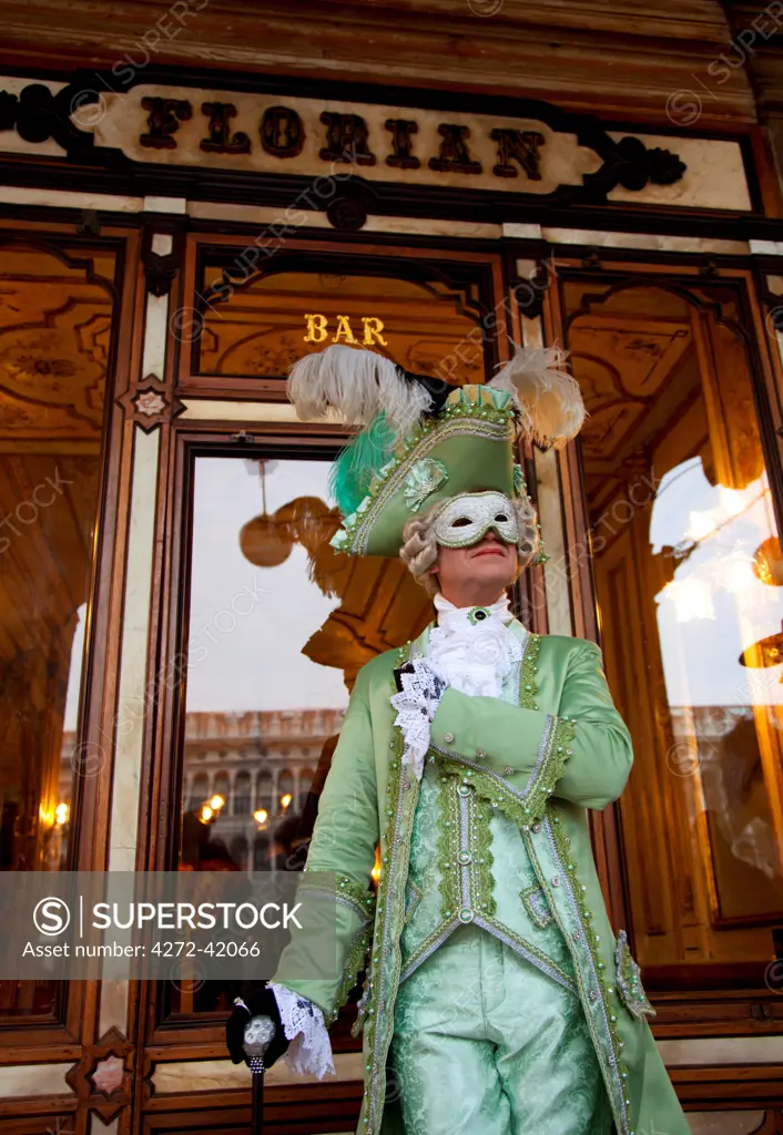 Venice, Veneto, Italy, Casanova in front of Caffe Florian during carnival. MR.