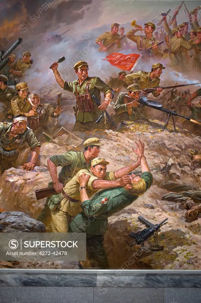 North Korea, Pyongyang, Friendship Tower. Paintings of American soliders being defeated by North Korean and Chinese armies in the Korean War