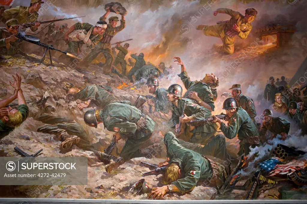 North Korea, Pyongyang, Friendship Tower. Paintings of American soliders being defeated by North Korean and Chinese armies in the Korean War