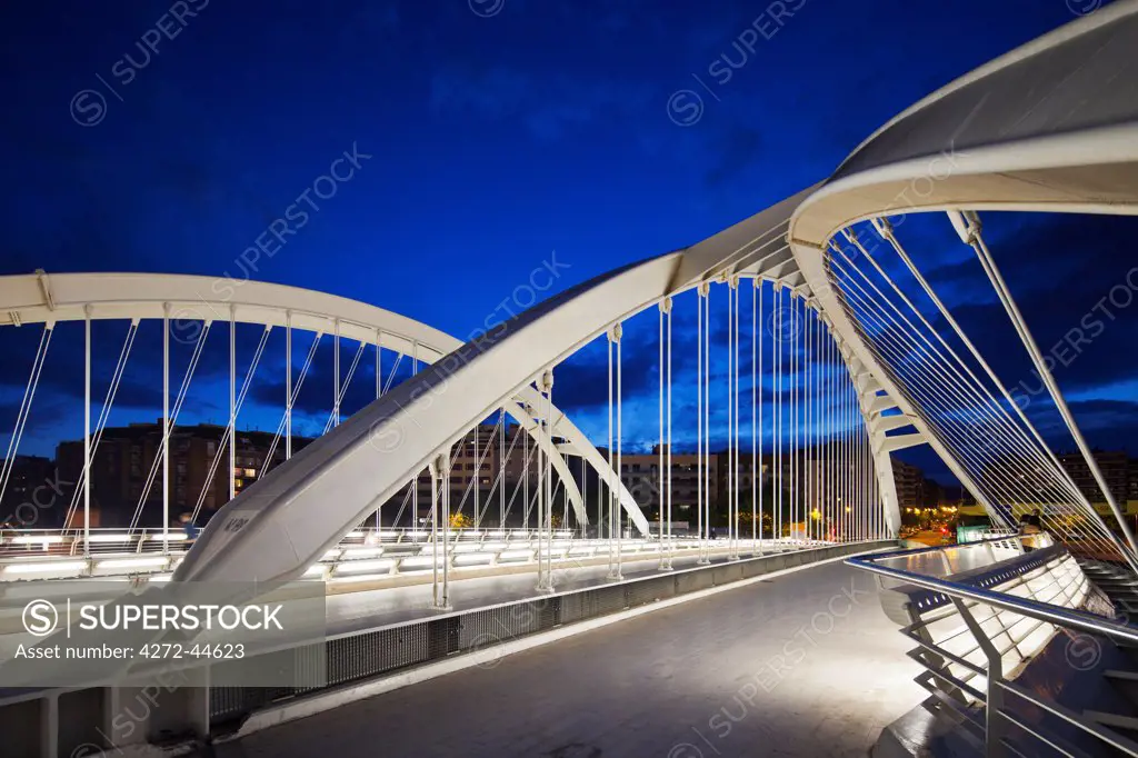 View of the Bac de Roda Bridge designed by the architect Santiago Calatrava Valls, by twilight in Provencals, Santa Coloma de Gramanet, Barcelona, Cataluna, Spain