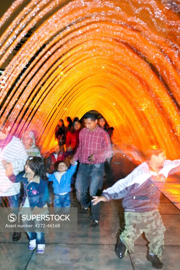 South America, Peru, Lima, the Tunnel Fountain of Surprises, part of the largest complex of fountains in the world, on the Magic Water Tour in the Parque de la Reserva park