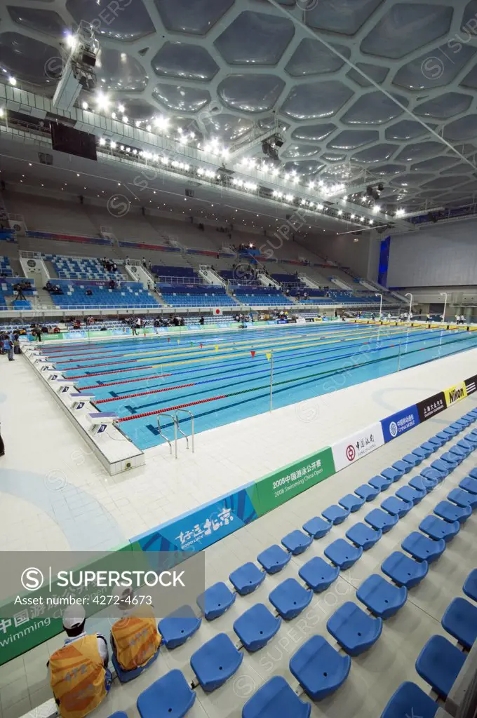 China, Beijing. The Water Cube National Aquatics Center swimming arena in the Olympic Park.