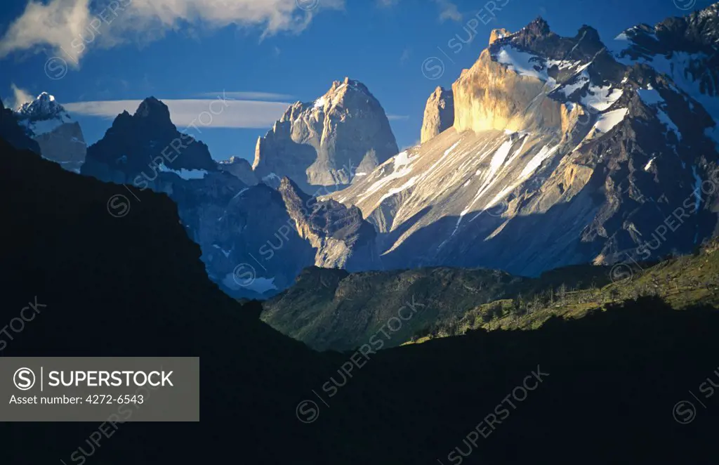 Chile, Torres del Paine National Park. Sunset across the western massif of the Torres del Paine