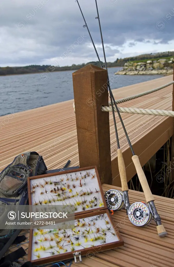 UK, Northern Ireland, Fermanagh. Fishing rods, flyboxes and net ready for Lough Erne.