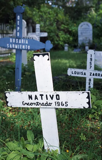 Argentina, Tierra del Fuego. Grave of native Indian in graveyard, Estancia Harberton, home of first settlers, Tierra del Fuego, Argentina