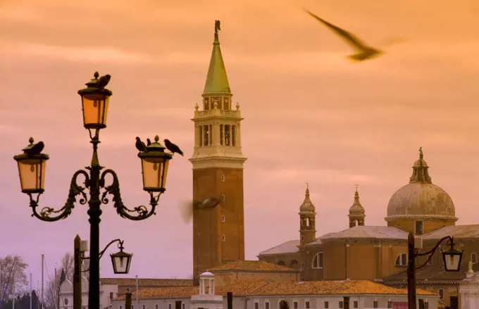 Venice, Veneto, Italy; Along the bacino the San Marco detail of San Giorgio Maggiore in the background