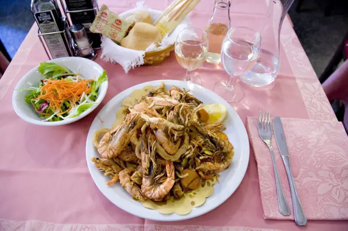 Typical fish meal, Fritto Misto, Burano Island, Venice, Veneto, Italy