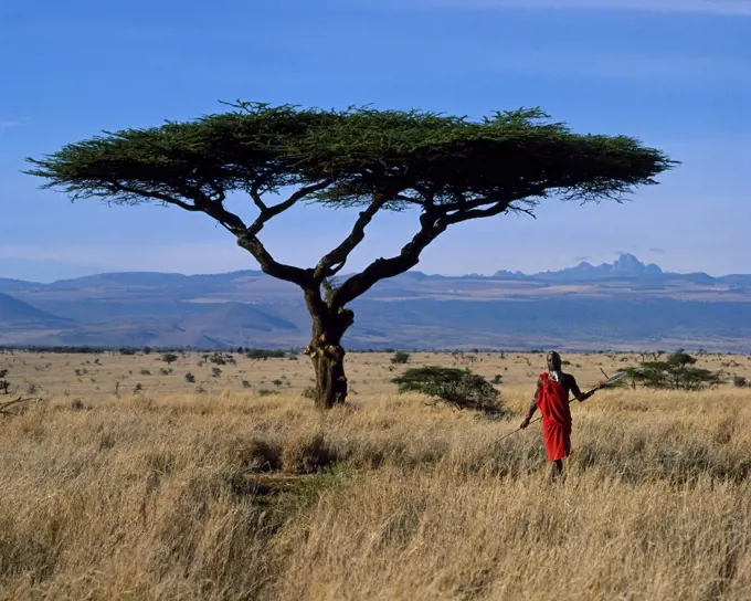 Kenya, Mount Kenya, Lewa Downs. Maasai warrior at Lewa Downs with Mount Kenya in background.