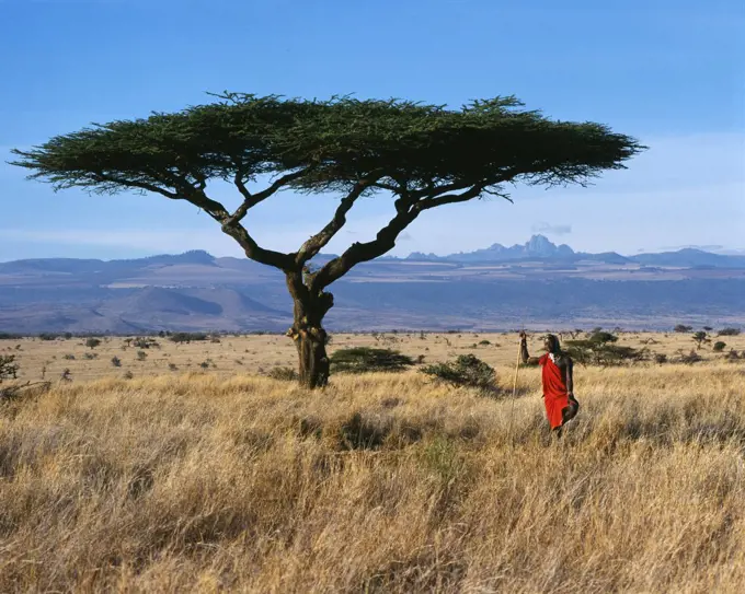 Kenya, Mount Kenya, Lewa Downs. Maasai warrior at Lewa Downs with Mount Kenya in background.