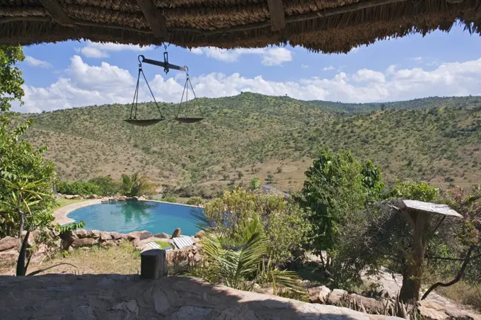 Kenya, The swimming pool of Borana Lodge, situated on a private 35,000-acre ranch overlooking Mount Kenya in Laikipia District.