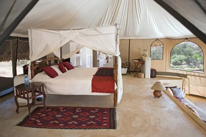 Kenya, A bedroom in the luxurious Sasaab Lodge on the banks of the Uaso Nyiru River.