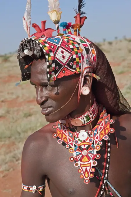 Kenya, A Samburu warrior of Northern Kenya in all his finery.