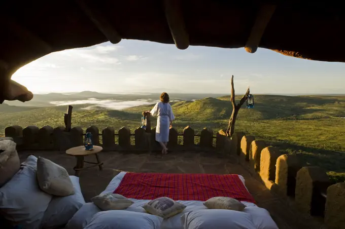 Kenya, Laikipia, Ol Malo.  A star bed laid out on the roof terrace of Ol Malo House, one of Kenya's private Bush Homes. (MR)