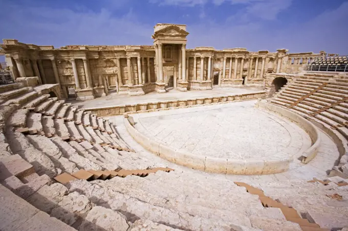 The theatre in the spectacular ruined city of Palmyra, Syria. The city was at its height in the 3rd century AD but fell into decline when the Romans captured Queen Zenobia after she declared independence from Rome in 271.