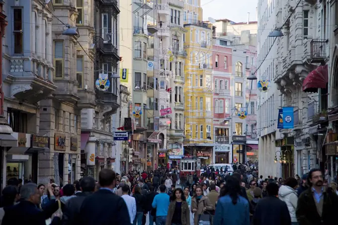 View down busy Istiklal Caddesi, the main street in fashionable Beyoglu, Istanbul, Turkey