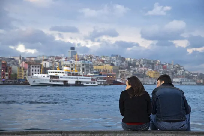 Looking out across the Golden Horn from Eminonu, Istanbul, Turkey