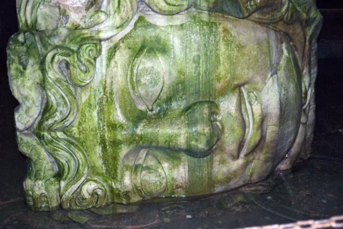 Turkey, Istanbul. Medusa Head at Yerebatan Sarayi Cistern.