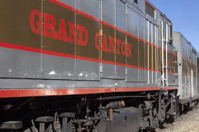 USA, Arizona, the Grand Canyon National Park.   Train and railcars of the Grand Canyon Railways gleam in the sun.