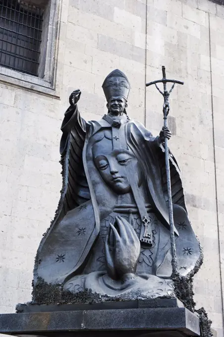 North America, Mexico, Mexico City, District Federal, statue of Pope John Paul II made entirely from old keys outside Cathedral Metropolitana