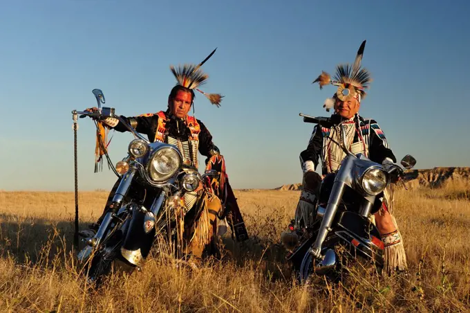 Three Native Indians on Bikes, Lakota, South Dakota, USA MR