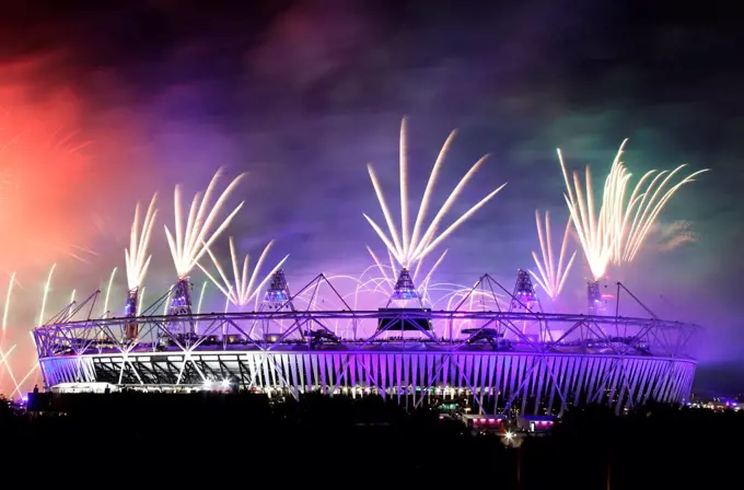 The Olympic Stadium in London during the opening ceremony for the 2012 Olympics.