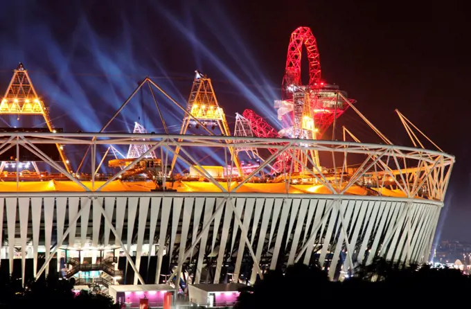 The Olympic Stadium in London during the opening ceremony for the 2012 Olympics.