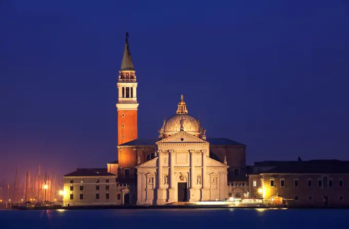 Venice, Veneto, Italy, The Church of San Giorgio Maggiore and campanile in the last evening light.