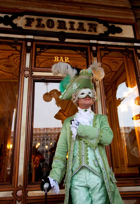 Venice, Veneto, Italy, Casanova in front of Caffe Florian during carnival. MR.