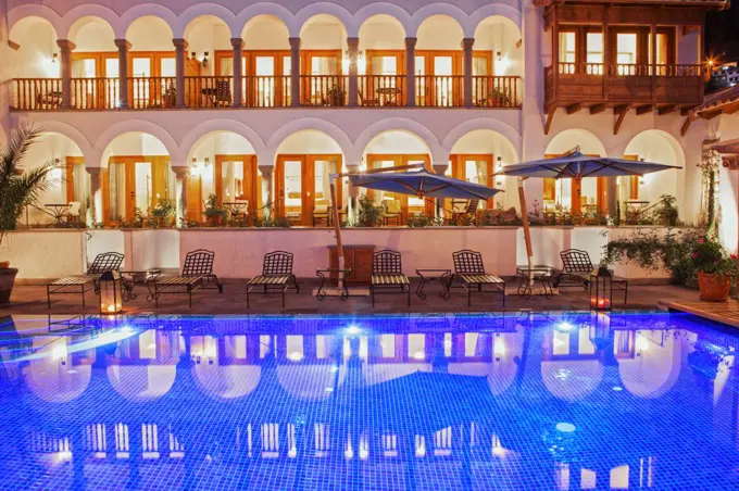 South America, Peru, Cusco, the swimming pool at the in the Orient Express Palacio Nazarenas hotel, housed in a former Spanish convent, PR,