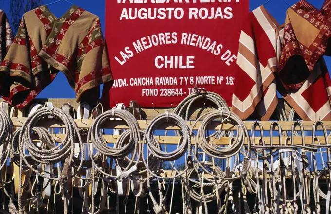 Chile, Rancagua. Tack stall at the National Rodeo Championships