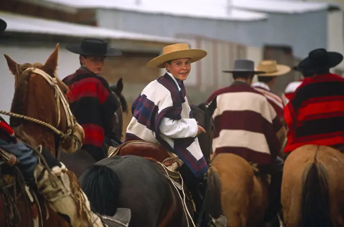 Chile, Region VI, Parral. Huasos taking part in a regional Rodeo competition.