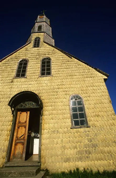 Chile, Shingled Church, Cochamo, Region X, Southern Chile.