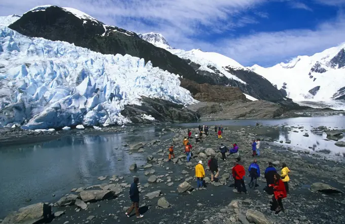 Chile, Tierra del Fuego. Passengers from the cruise ship, Terra Australis on a seven day trip through the islands of Tierra del Fuego from Punta Arenas, Region XII, Southern Chile