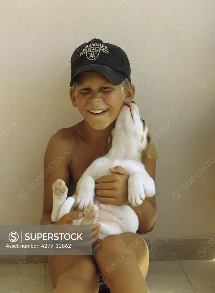 half breed dog - puppy nibbling at a boy's ear