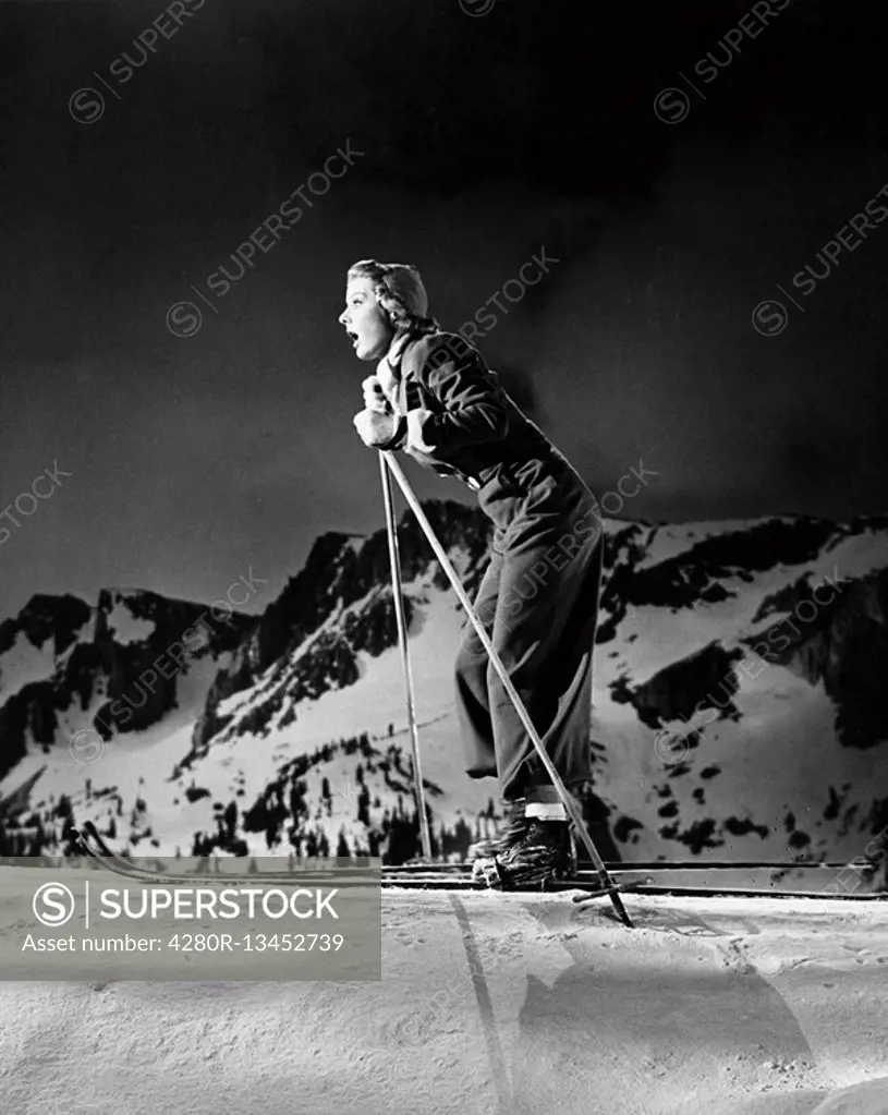 Profile of a young woman skiing All persons depicted are not longer living and no estate exists Supplier warranties that there will be no model releas...