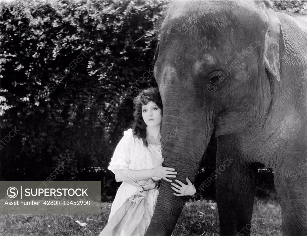 Young woman hugging the trunk of an elephant All persons depicted are not longer living and no estate exists Supplier warranties that there will be no...