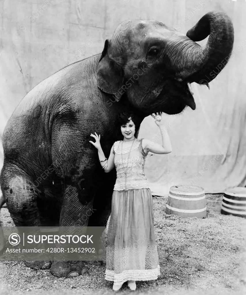 Portrait of a young woman standing under an elephant All persons depicted are not longer living and no estate exists Supplier warranties that there wi...