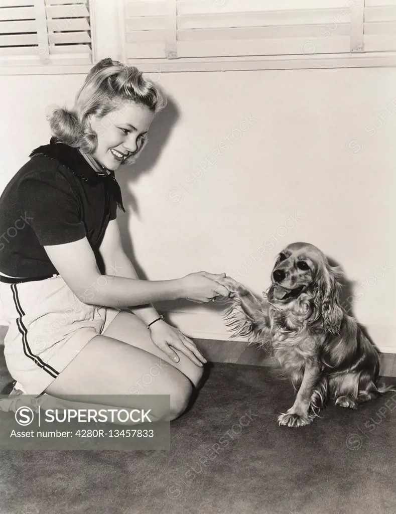 Shaking hands with her cocker spaniel (OLVI007_OU828_F)